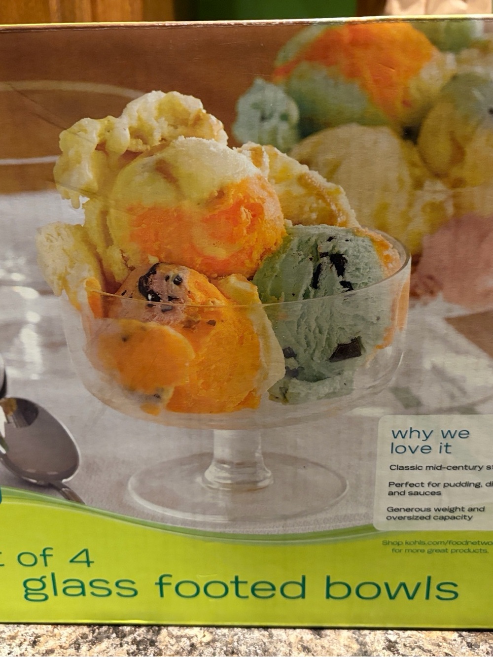 NWT Food Network Clear Glass Footed Dessert Bowls with Colorful Ice Cream Accent
